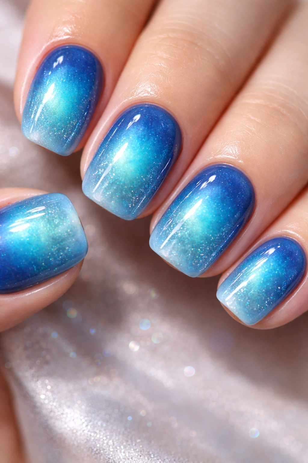 Close-up of short squoval nails with ocean-blue base and teal aura bursts