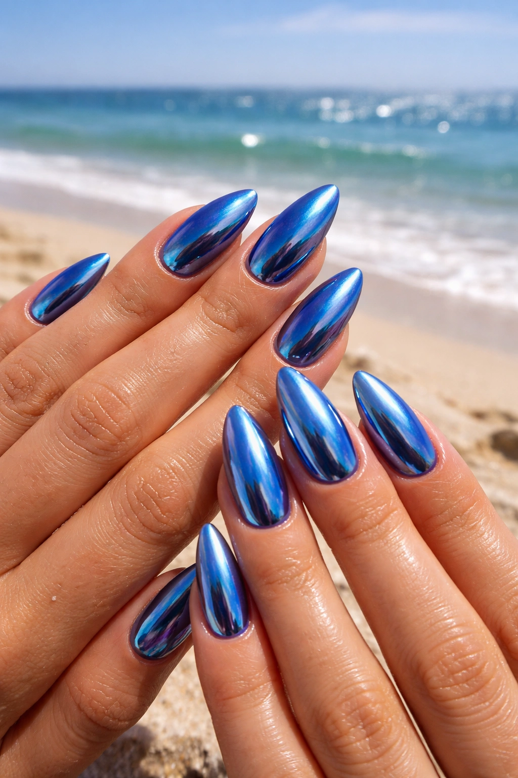 Close-up of ocean blue chrome nails with liquid-metal finish on beach