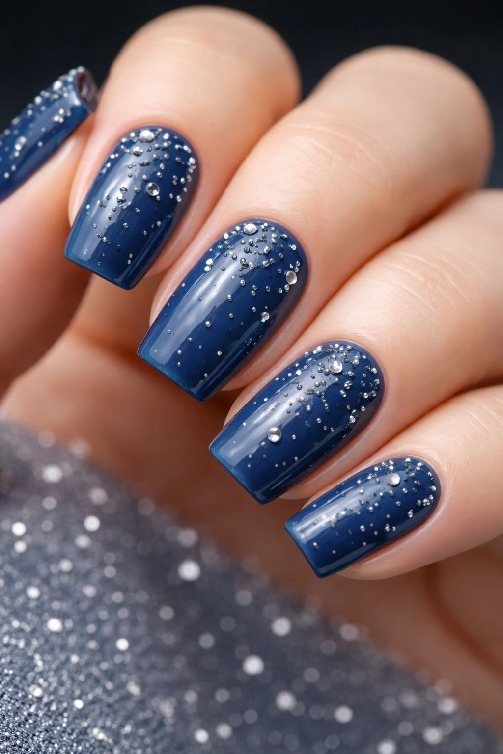 Deep ocean blue coffin nails with scattered silver caviar beads