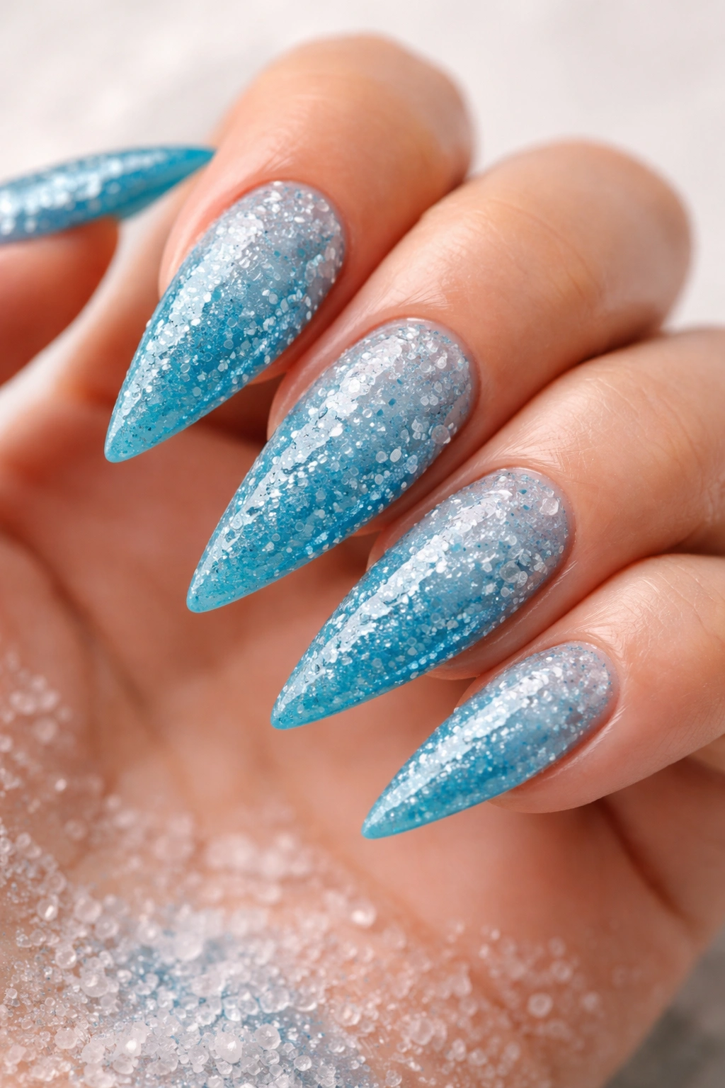 Close-up of ocean blue stiletto nails with scattered sea salt texture