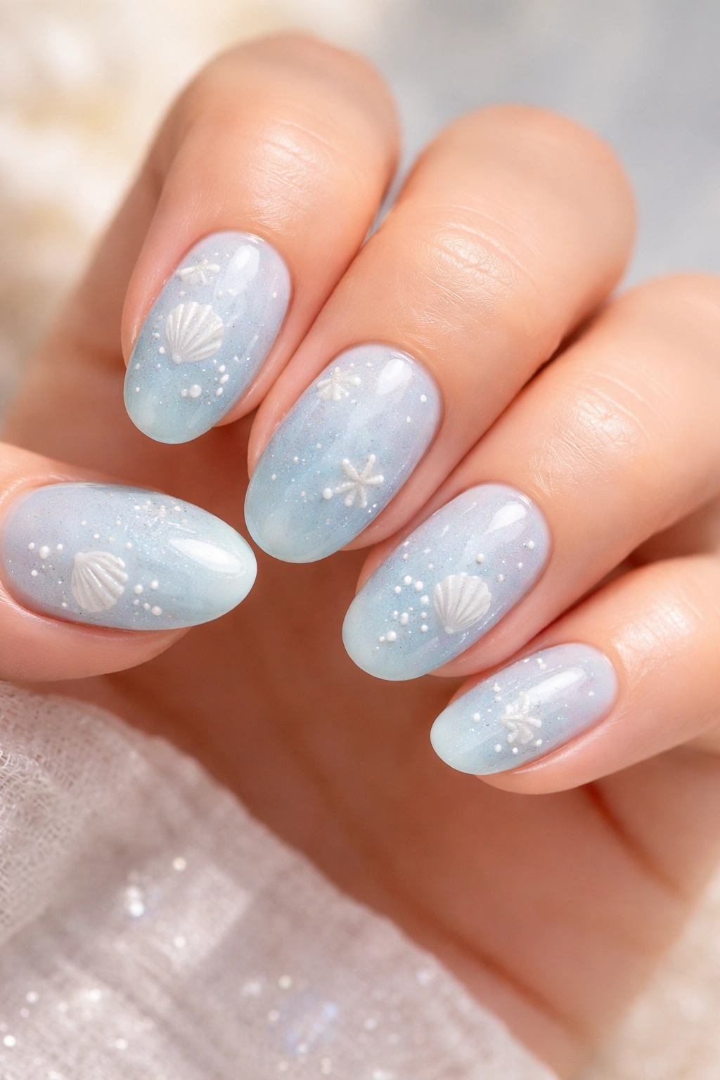Oval nails in pale blue with tiny white shells