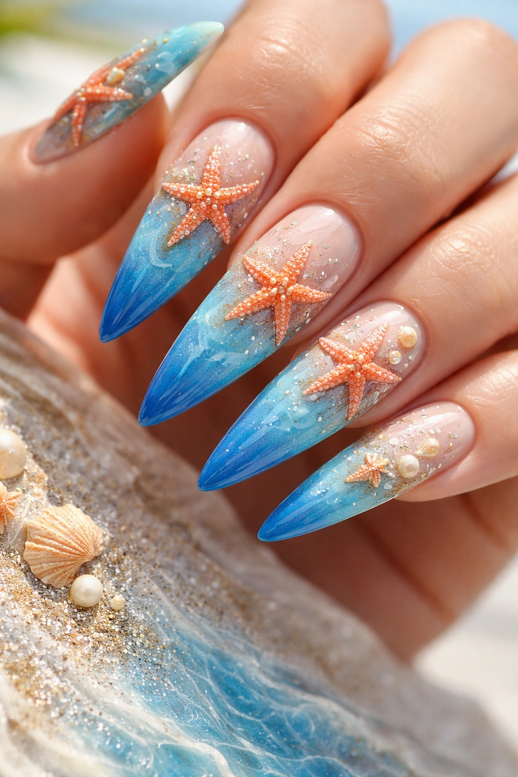 Close-up of an ocean blue stiletto nail with starfish and shell accents on a sandy beach-inspired background