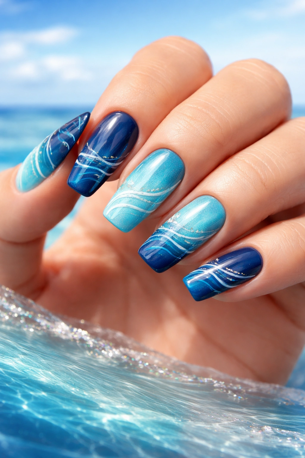 Nails in navy and turquoise with wave patterns on a soft blue background
