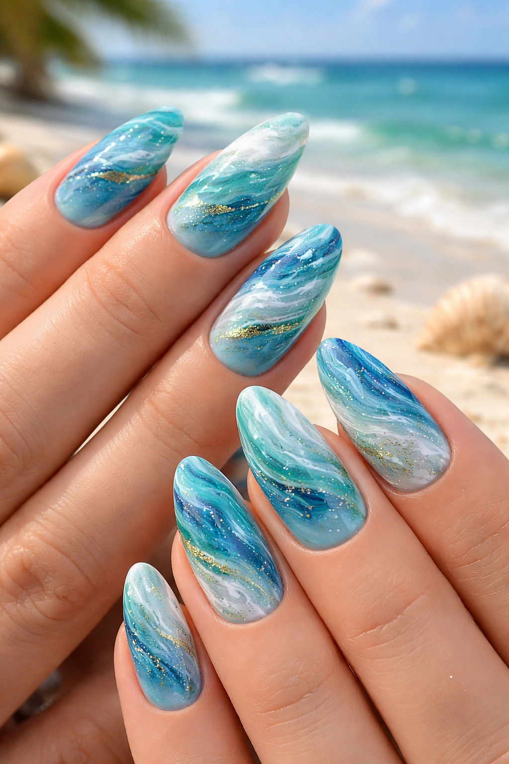 Nails with blue teal white ocean marble design and gold flecks