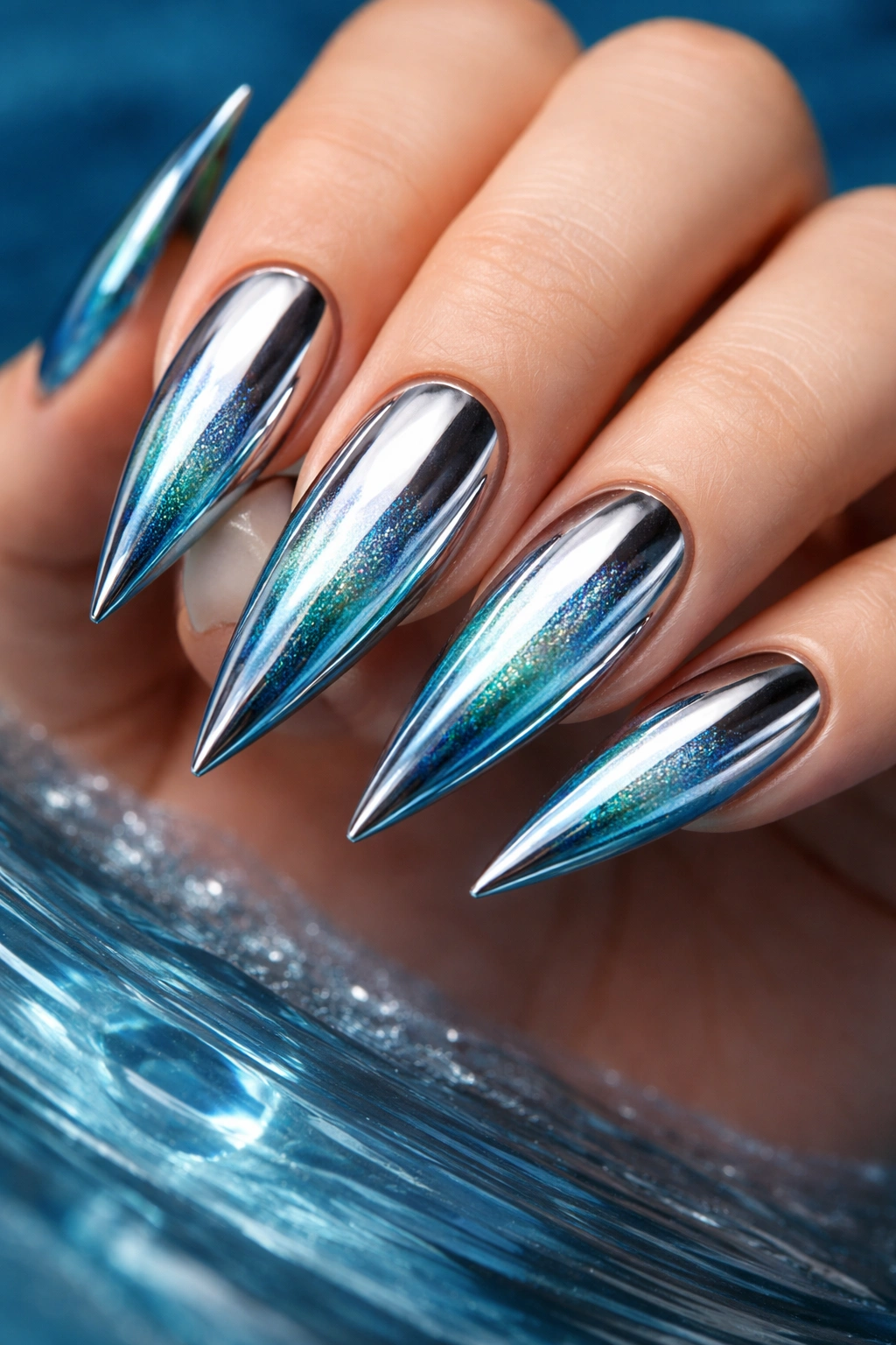 Close-up of ocean inspired metallic stilettos nails with chrome and teal iridescence