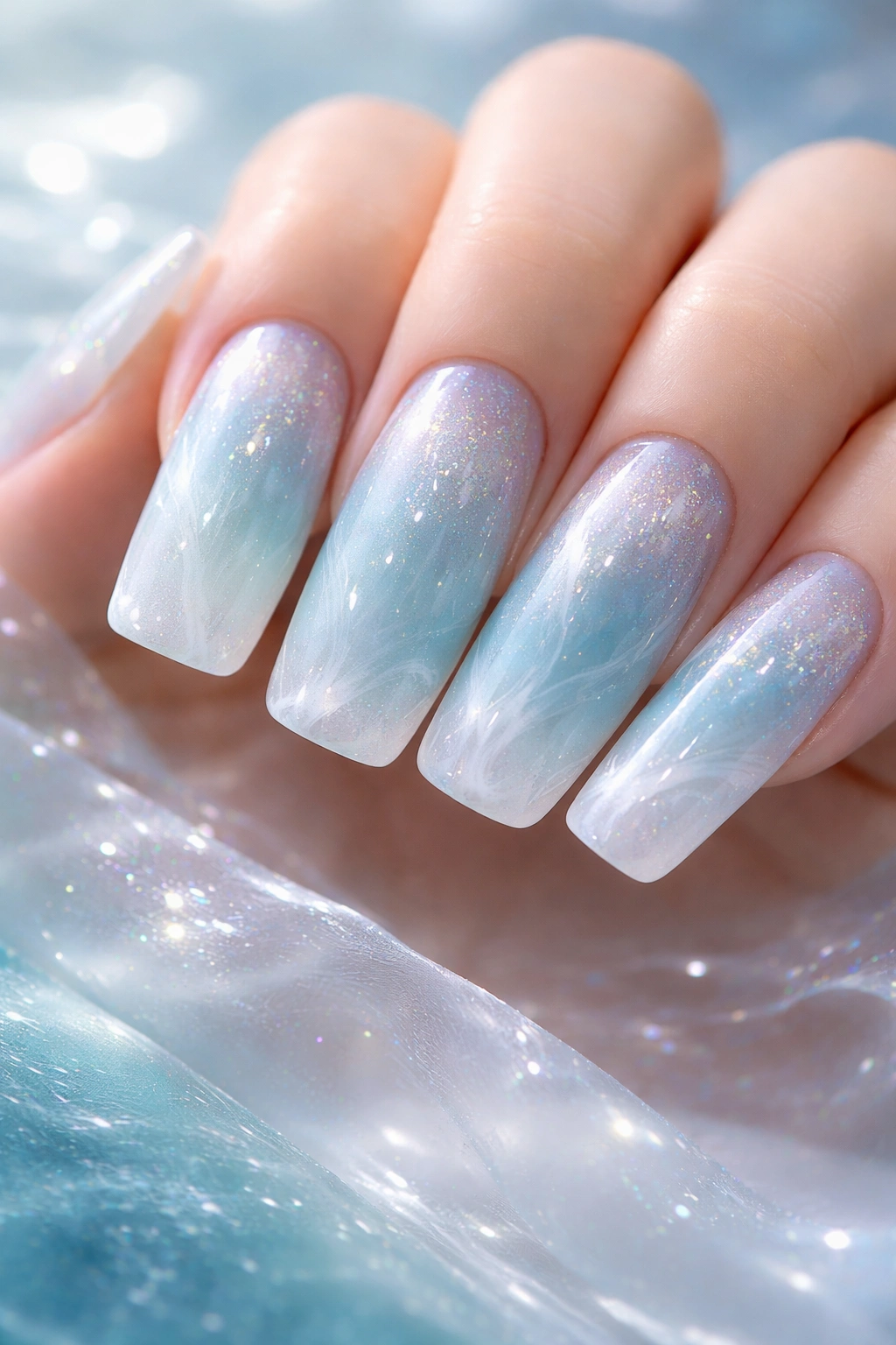 Turquoise to white ocean gradient nails with holographic shimmer