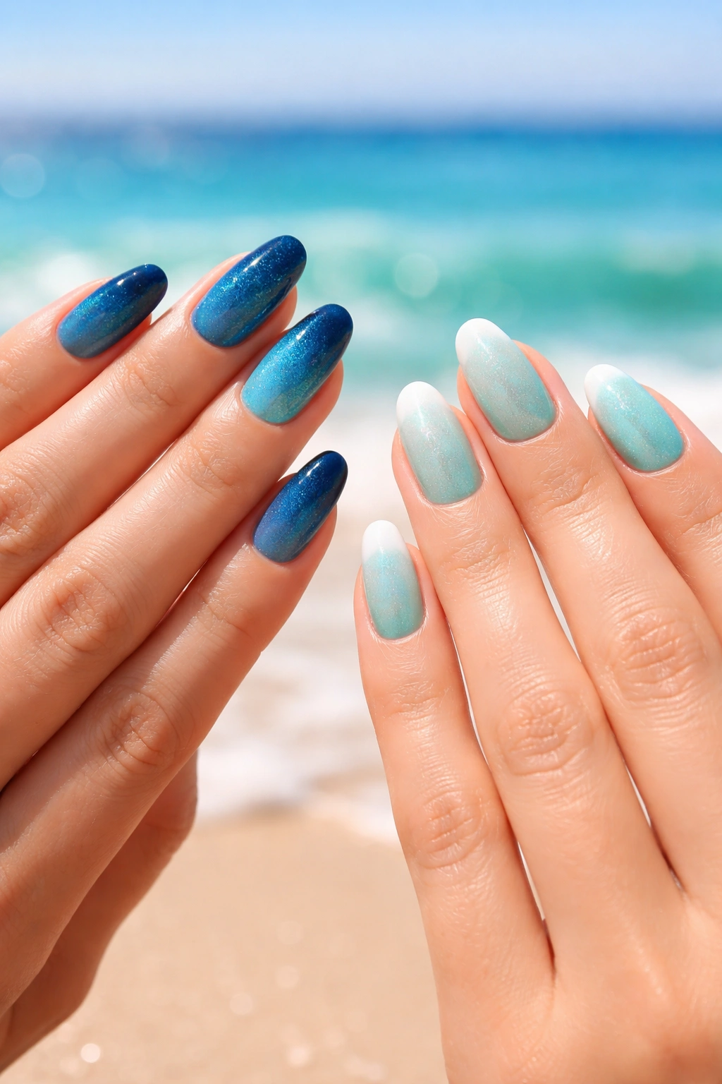Two hands display ocean wave ombré nails with navy-teal-turquoise and seafoam-white gradients.