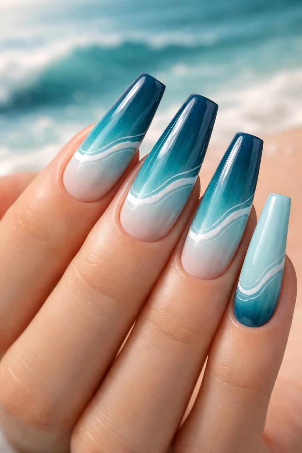 Nails featuring a dark-to-light ocean ombre with a white wave highlight line