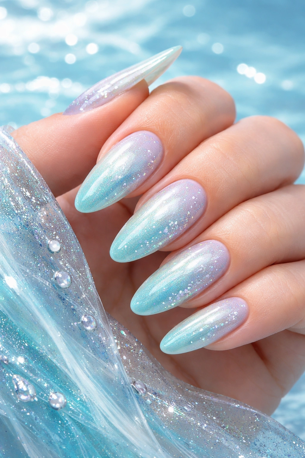 Close-up of Ariel's Ocean Pearl Shimmer nails in aqua turquoise with pearlescent glow