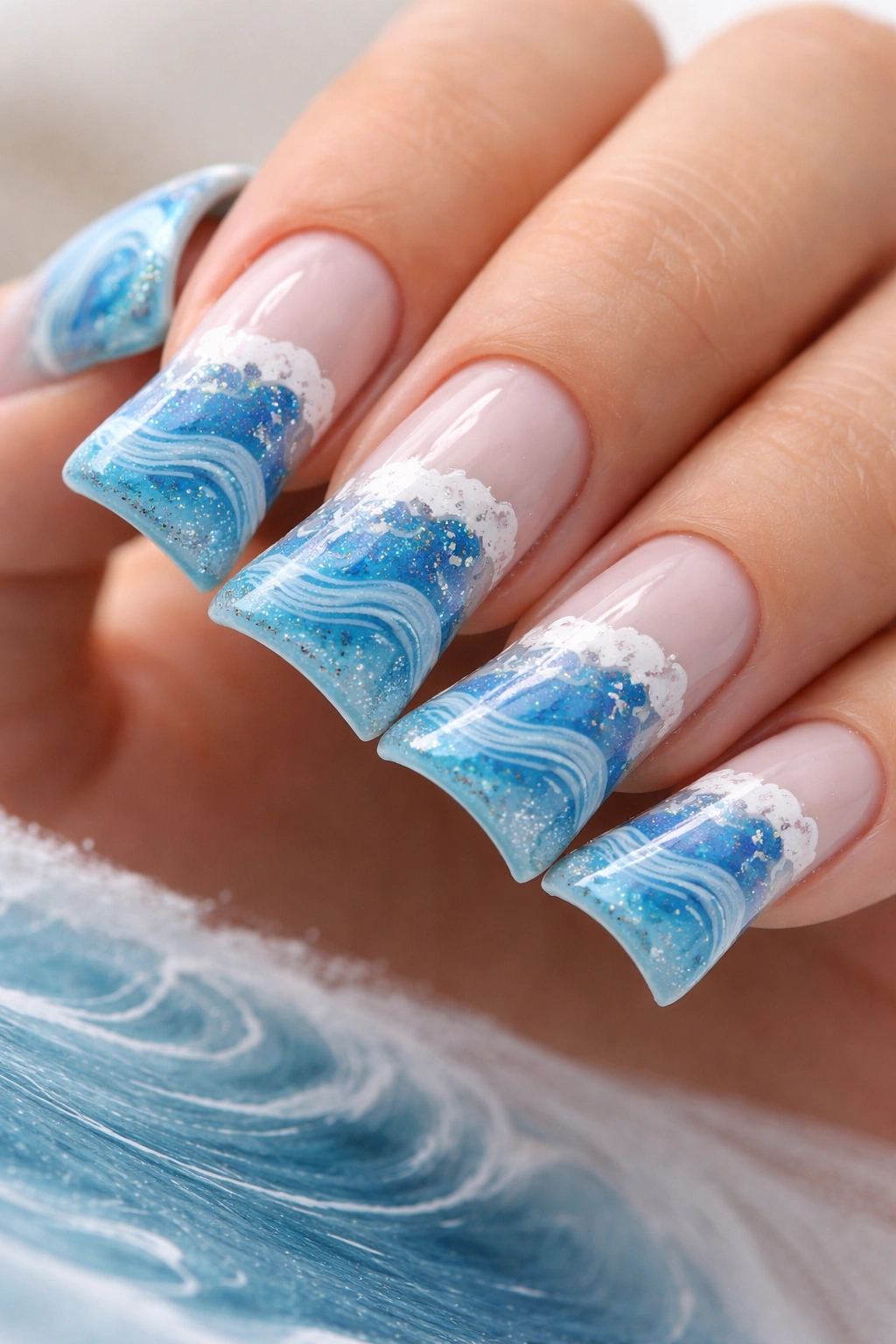 Close-up of ocean wave duck nails with layered blues and white foam along curved tips