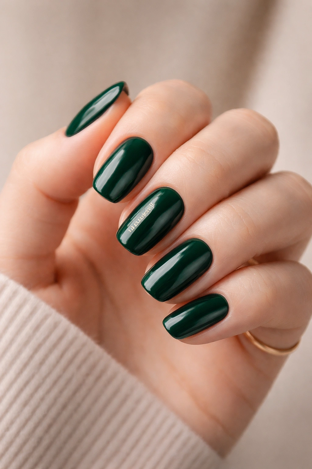 Close-up of cool-toned hand with Off Tropic grove green nails