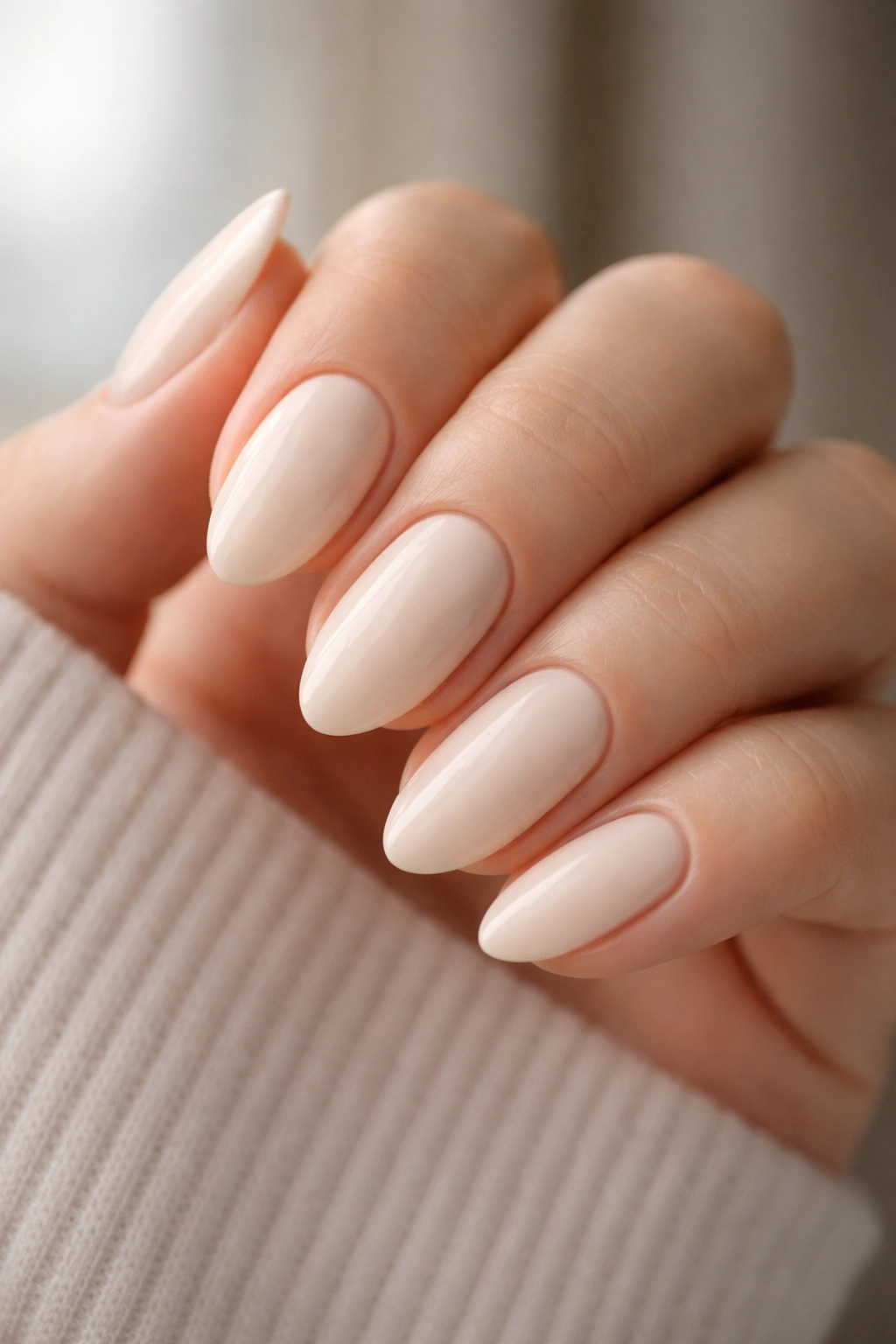 Close-up of creamy off-white almond nails with glossy finish