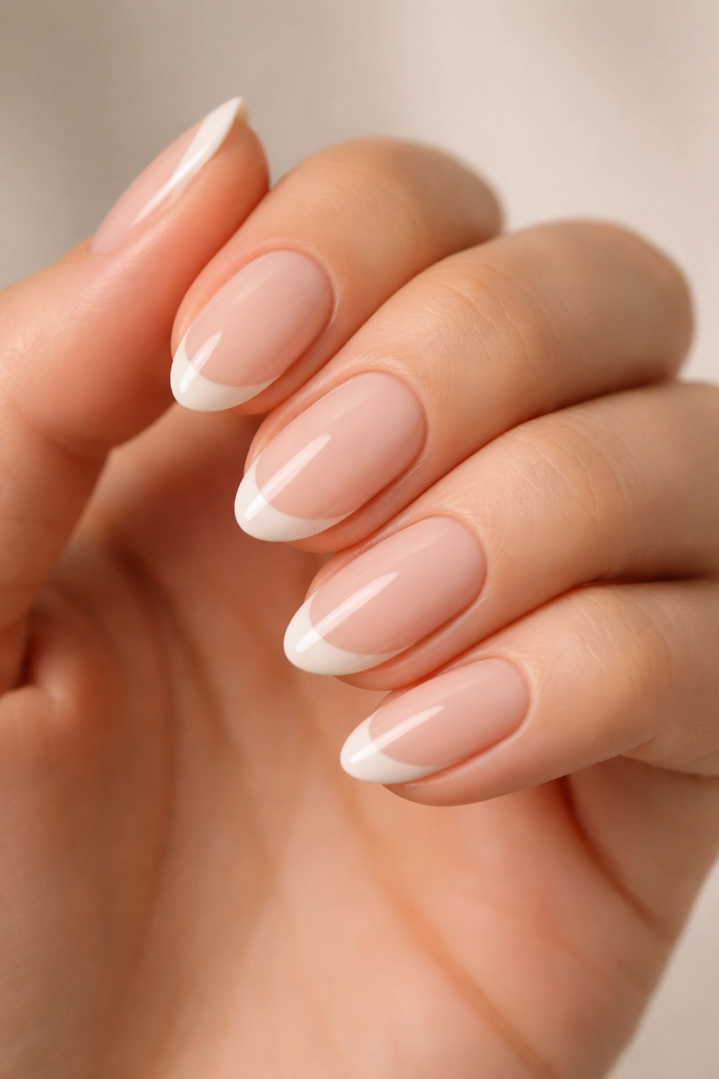 Close-up of short almond nails with thin off-white French tips on a milky base