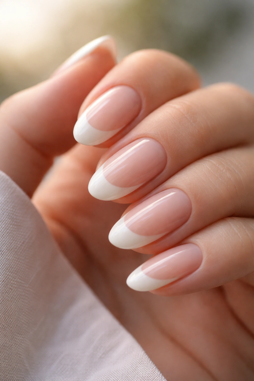 Close-up of short almond nails with off-white tips on a translucent base