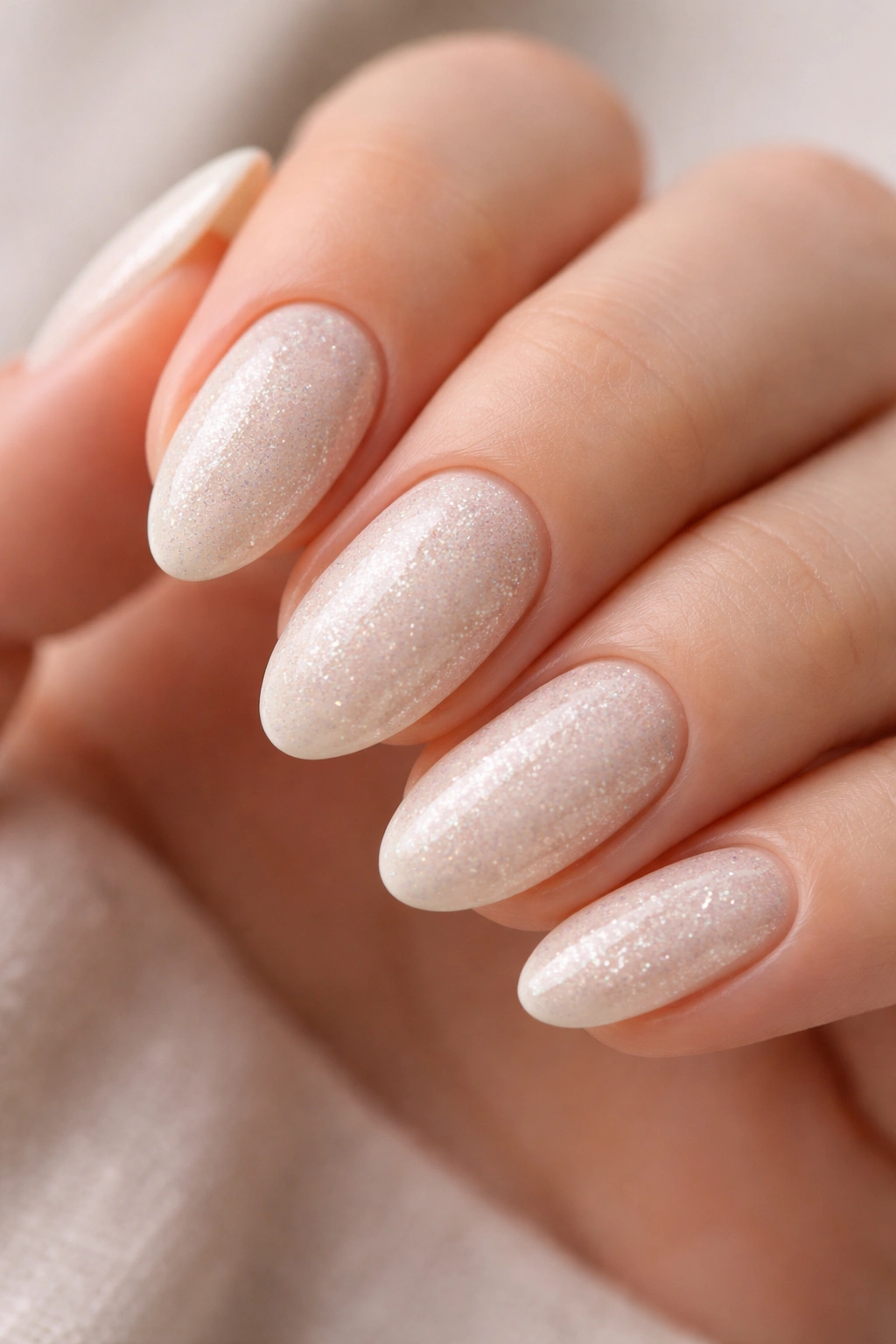 Close-up of off-white almond nails with micro glitter along the curve