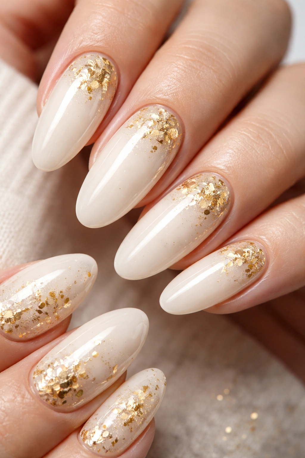 Off-white nails with delicate gold leaf under gloss