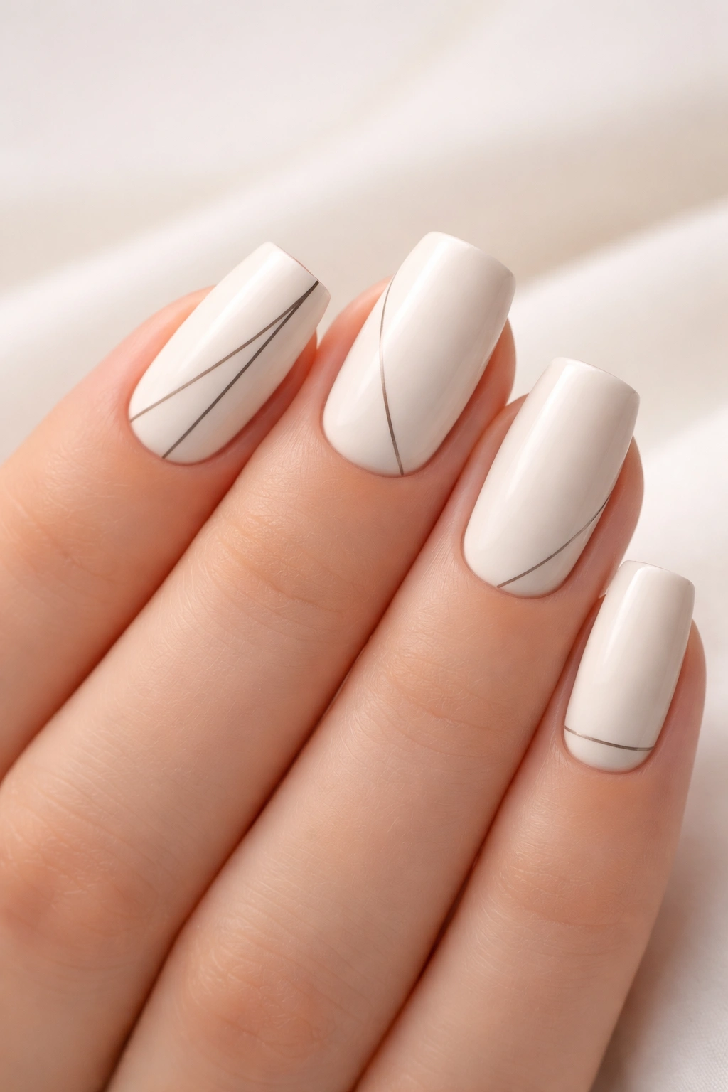 Close-up of off-white nails with minimalist black lines.