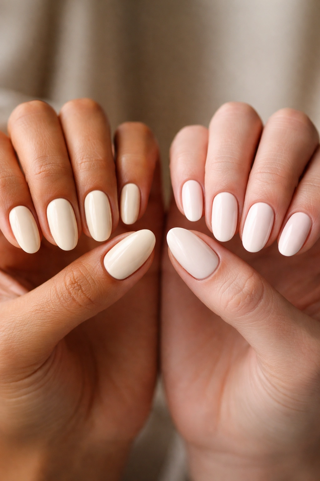 Hands showing two off-white nail shades to compare undertones