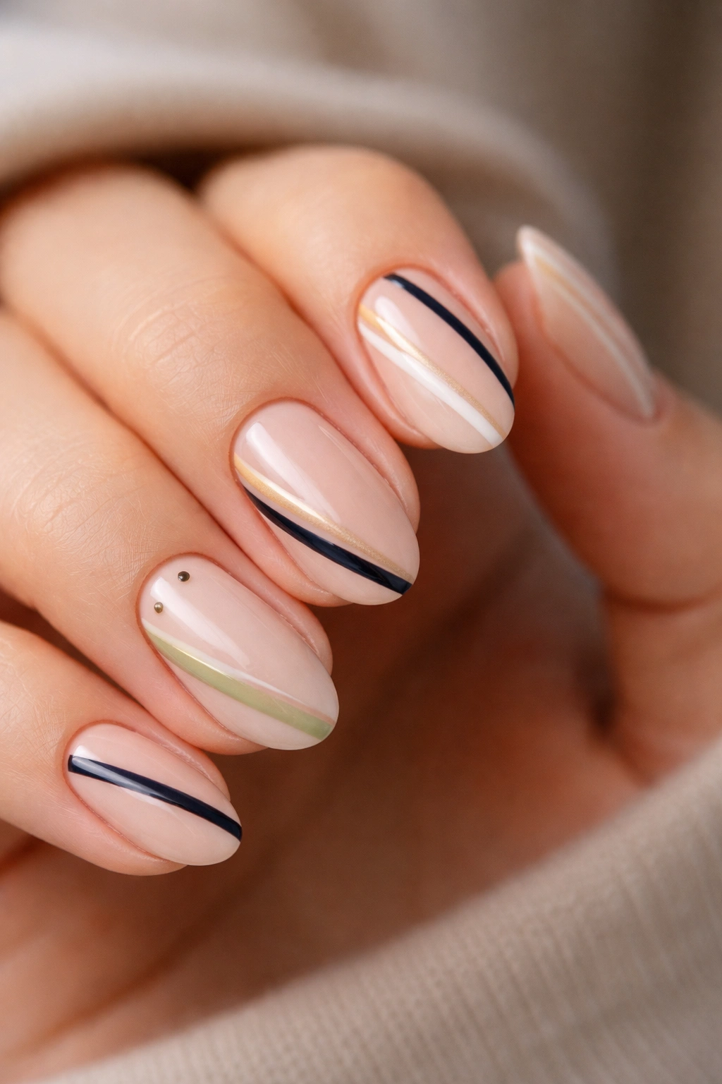 Close-up of short almond nails with offset diagonal stripes on nude base