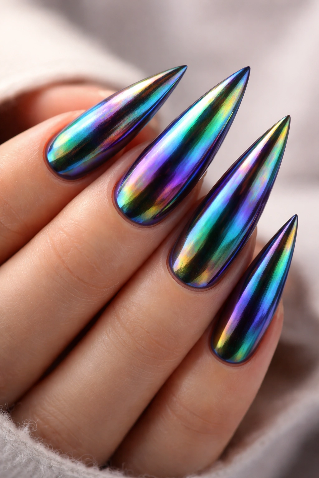 Close-up of oil slick chrome iridescent stiletto nails
