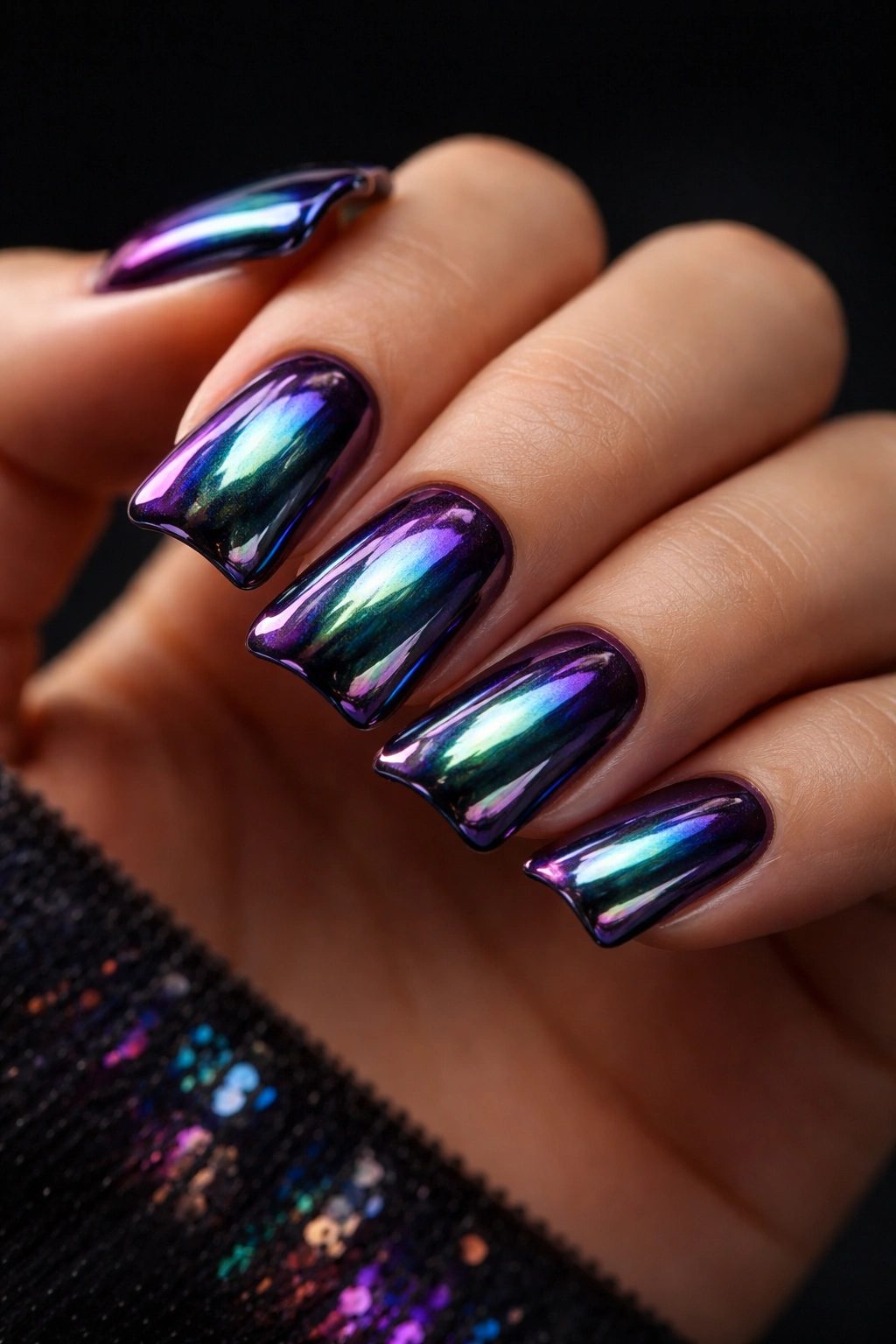 Close-up of short duck nails with oil-slick chrome showing purple, teal, and green shifts