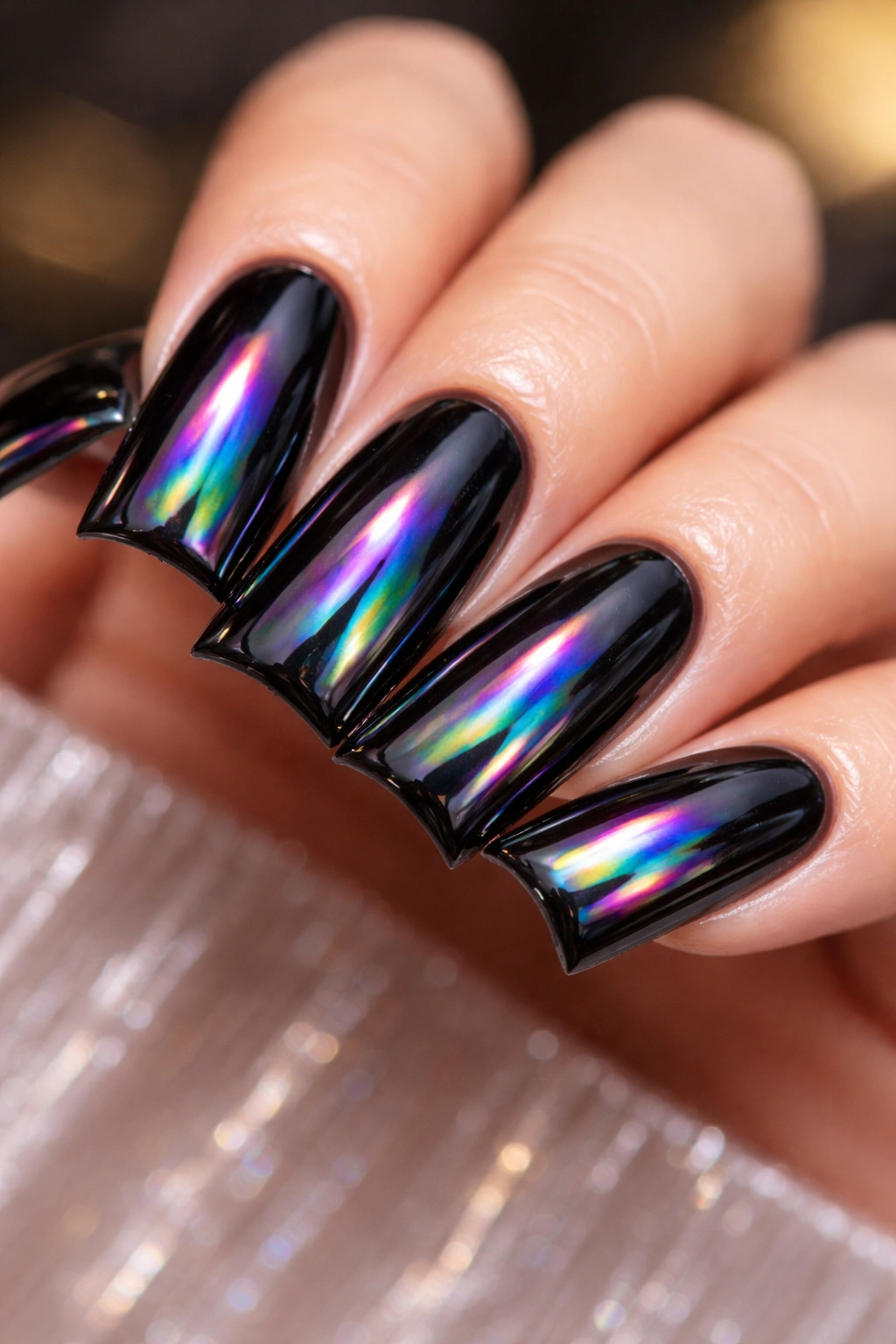 Glossy black nails with oil-slick rainbow reflections