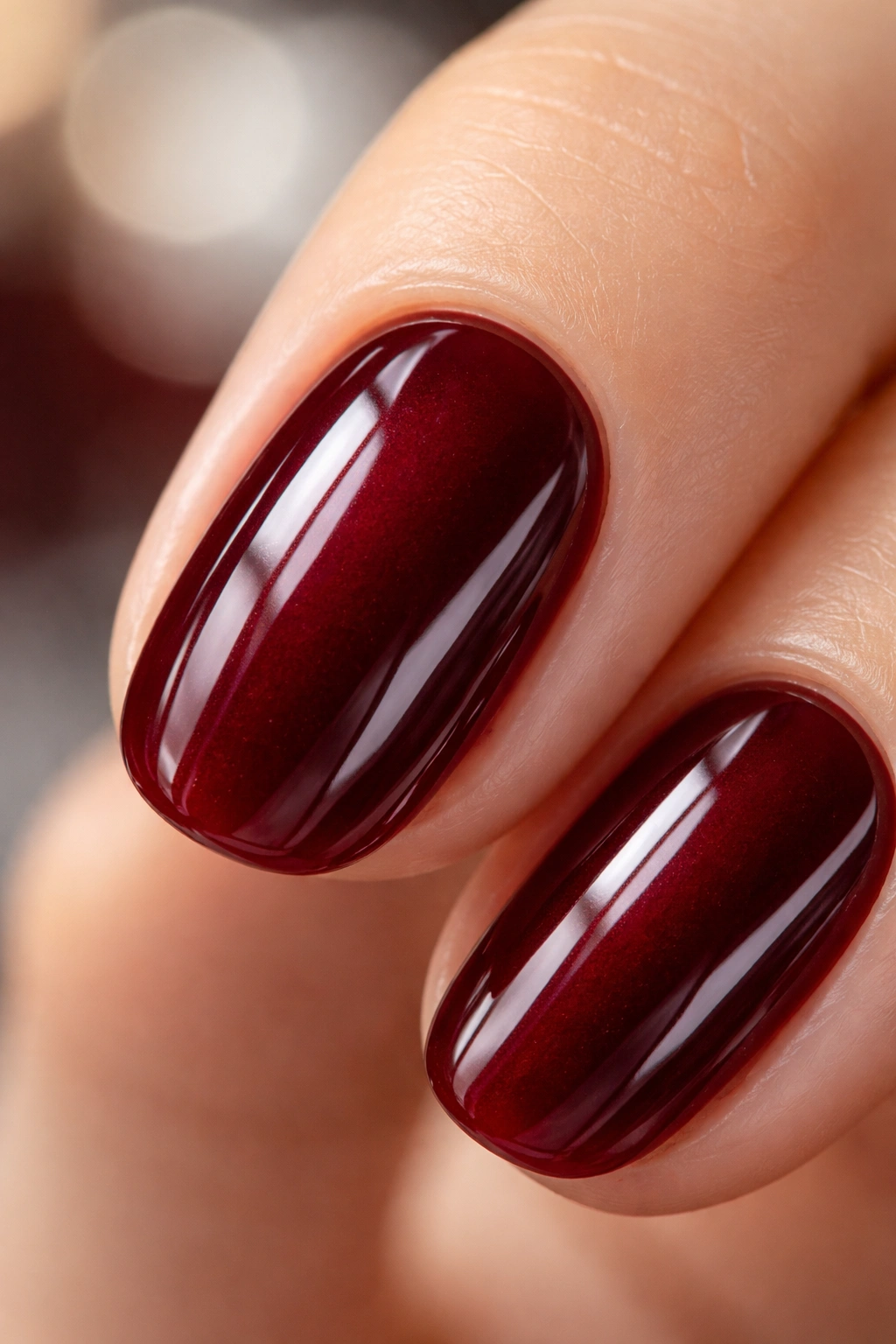 Deep Bordeaux gel nail with high-gloss finish