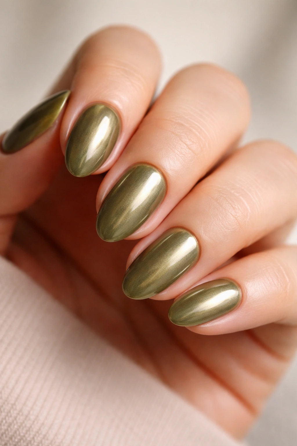 Short almond nails with olive base and olive chrome powder