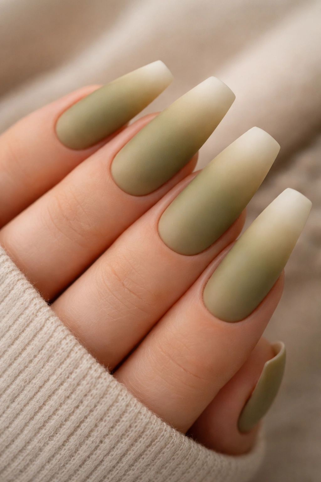 Close-up of long coffin nails in olive-to-cream ombre with matte finish on a neutral background