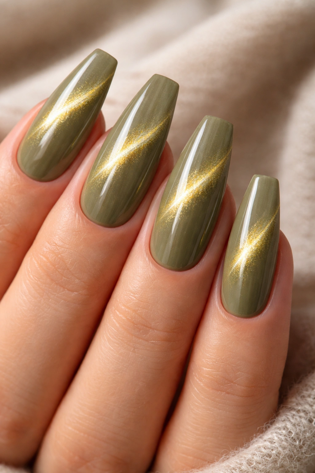 Olive gold diagonal beam nails on a hand