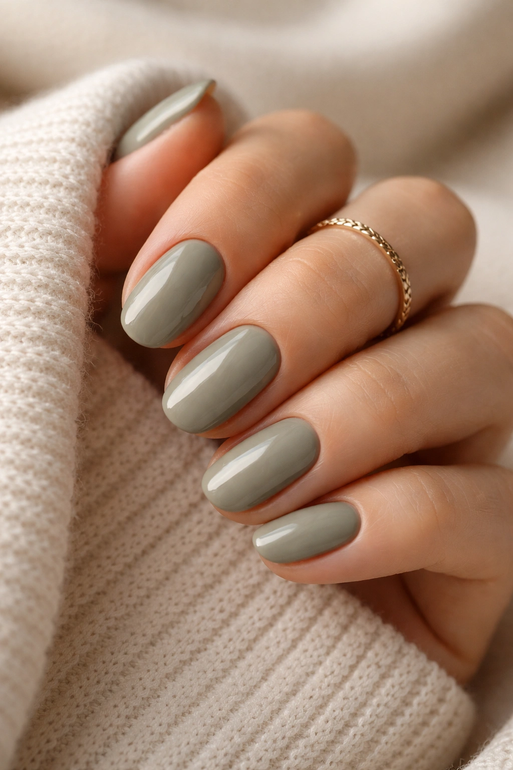 Close-up of short oval nails in olive gray cream on a neutral background