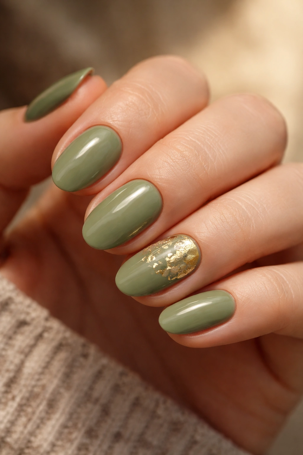 Close-up of short almond nails in olive green with gold foil flecks