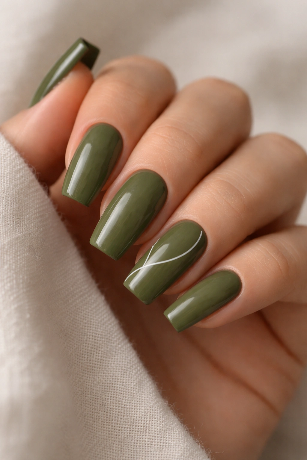 Olive green coffin nails with minimalist line art