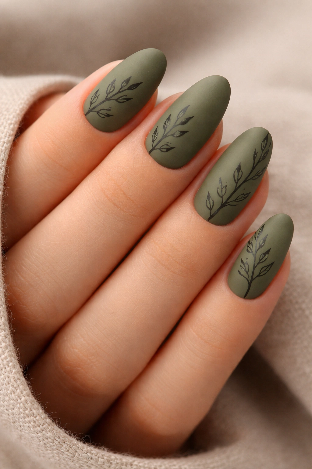 Olive green matte nails with botanical line art close-up