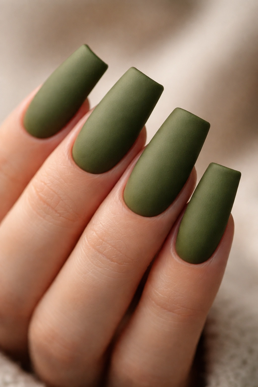 Close-up of olive green matte duck nails on a hand with velvet texture