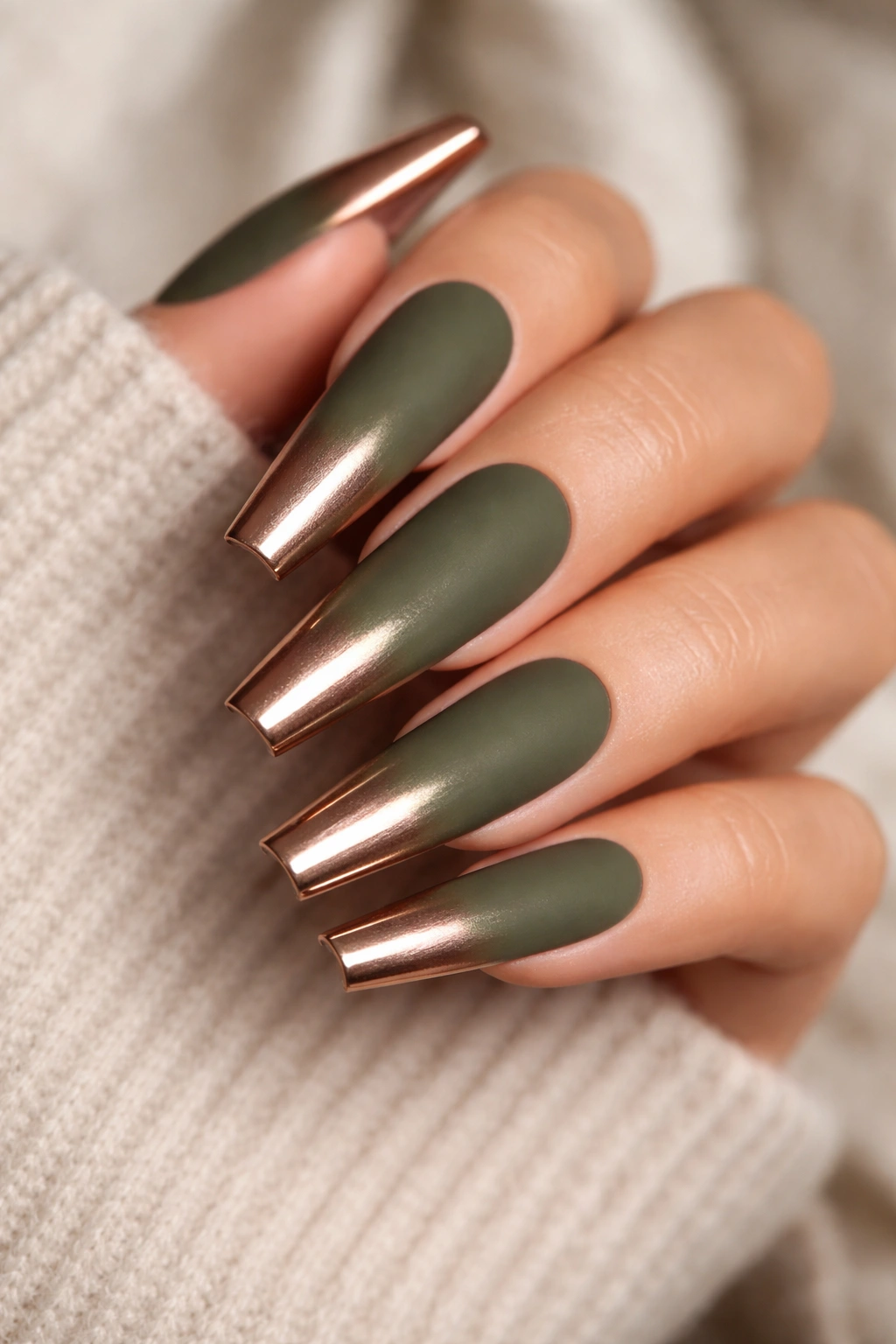 Olive-green matte coffin nails with rose-gold metallic tips