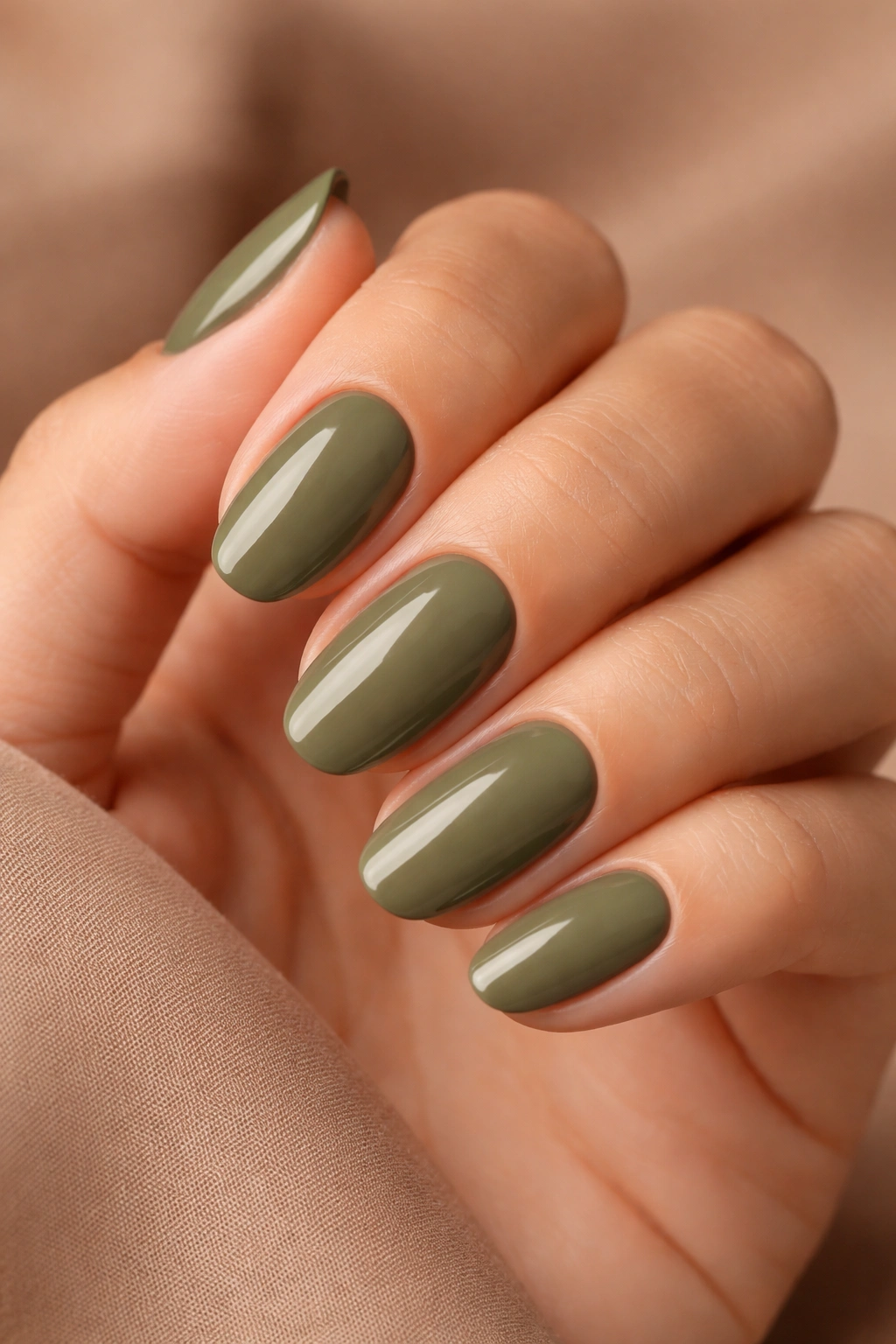 Close-up of olive green nails on a hand with a warm neutral backdrop