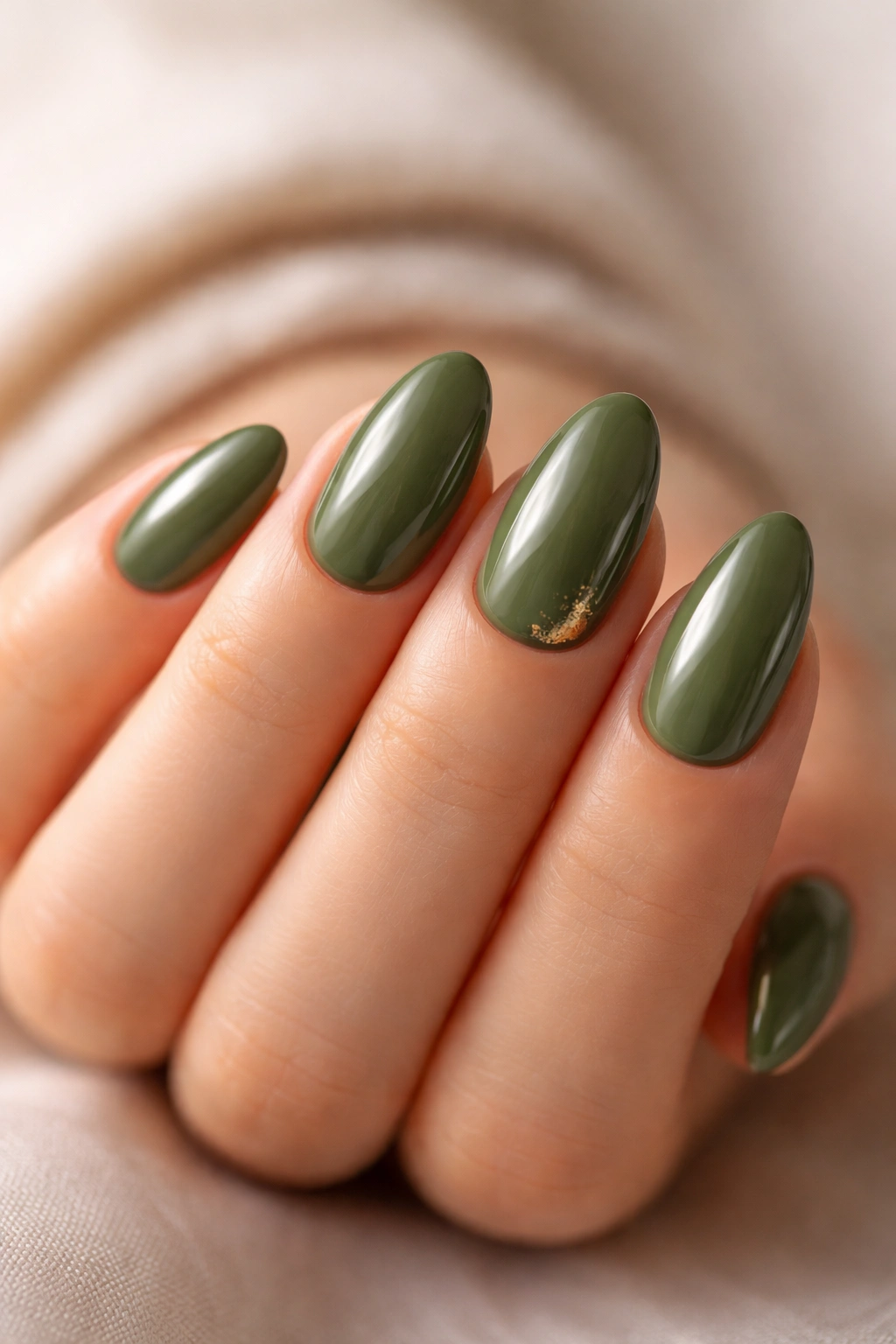 Close-up of short almond nails in olive green with a gold accent.