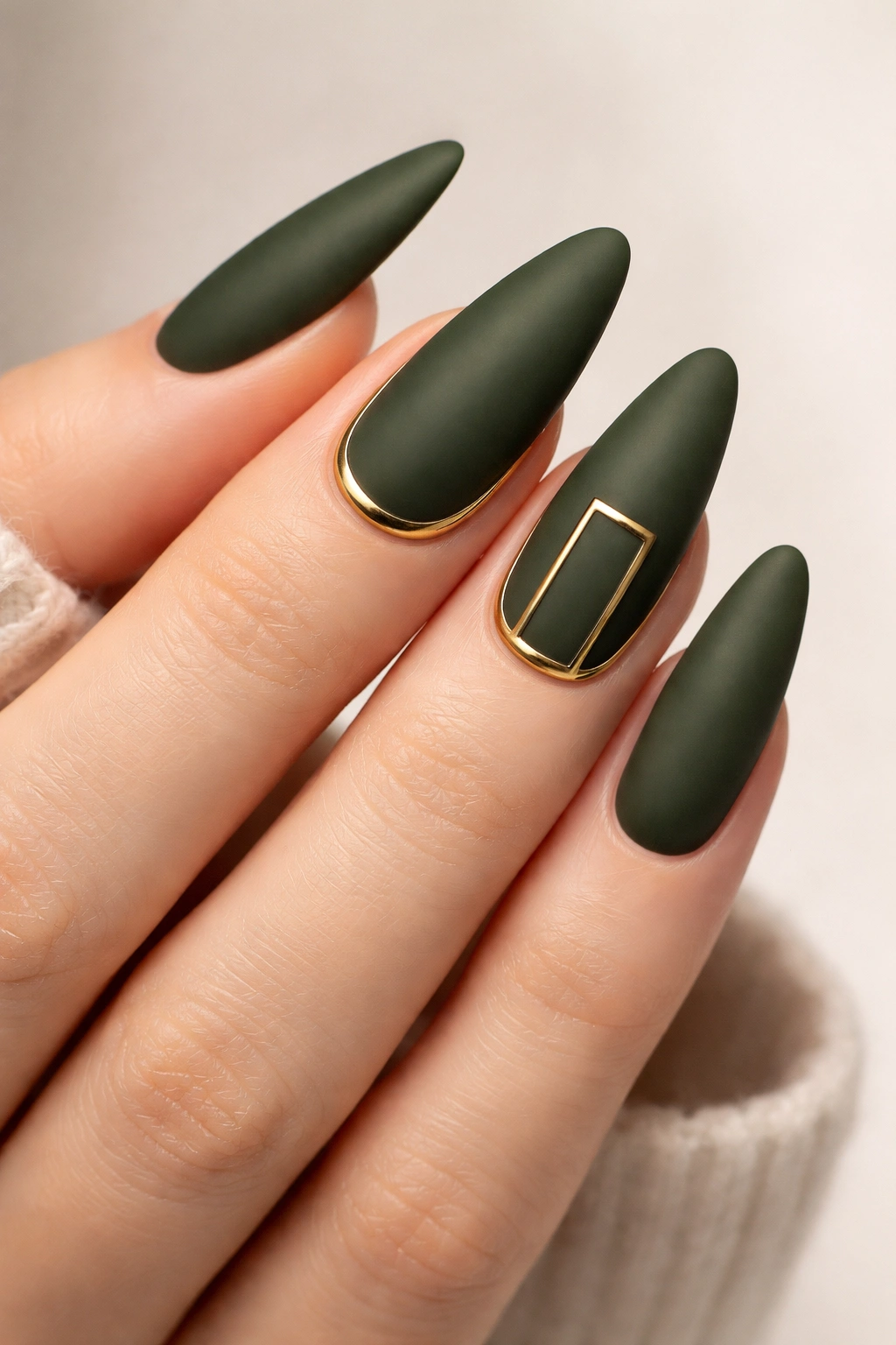 Close-up of almond nails in deep olive matte with brass frame accents