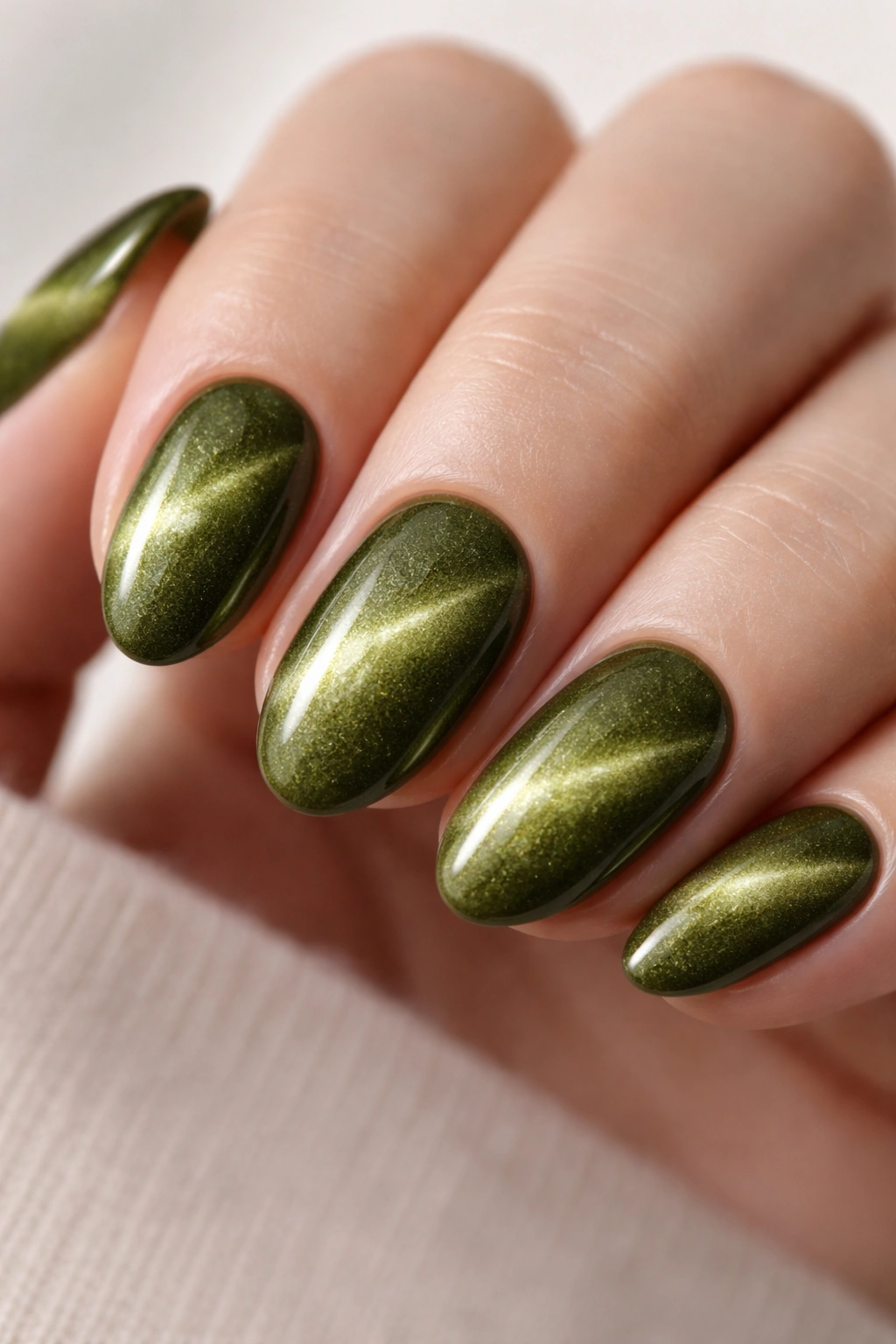 Close-up of short almond nails with olive green velvet cat-eye shimmer on a neutral background