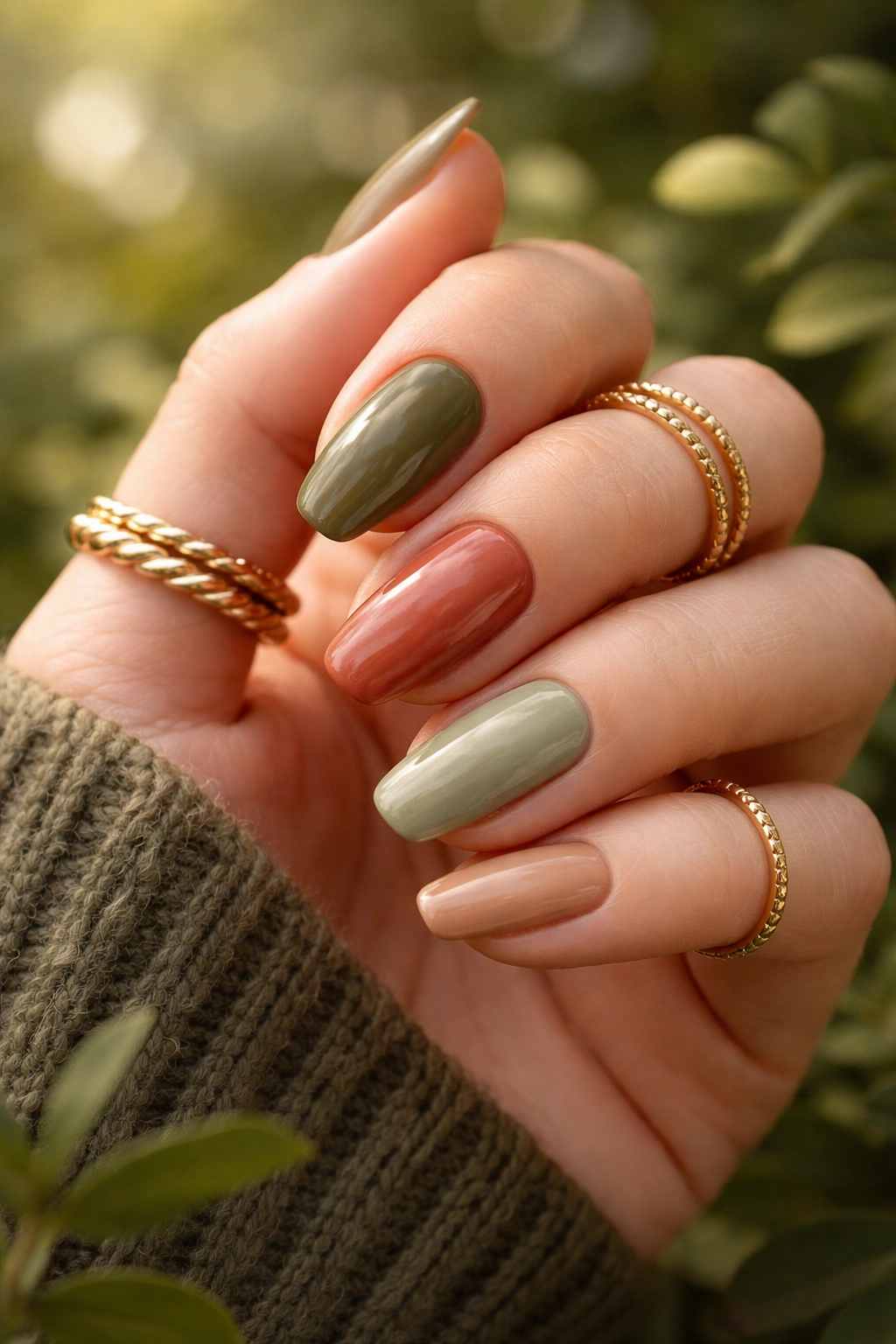 Close-up of olive green nails against a natural backdrop