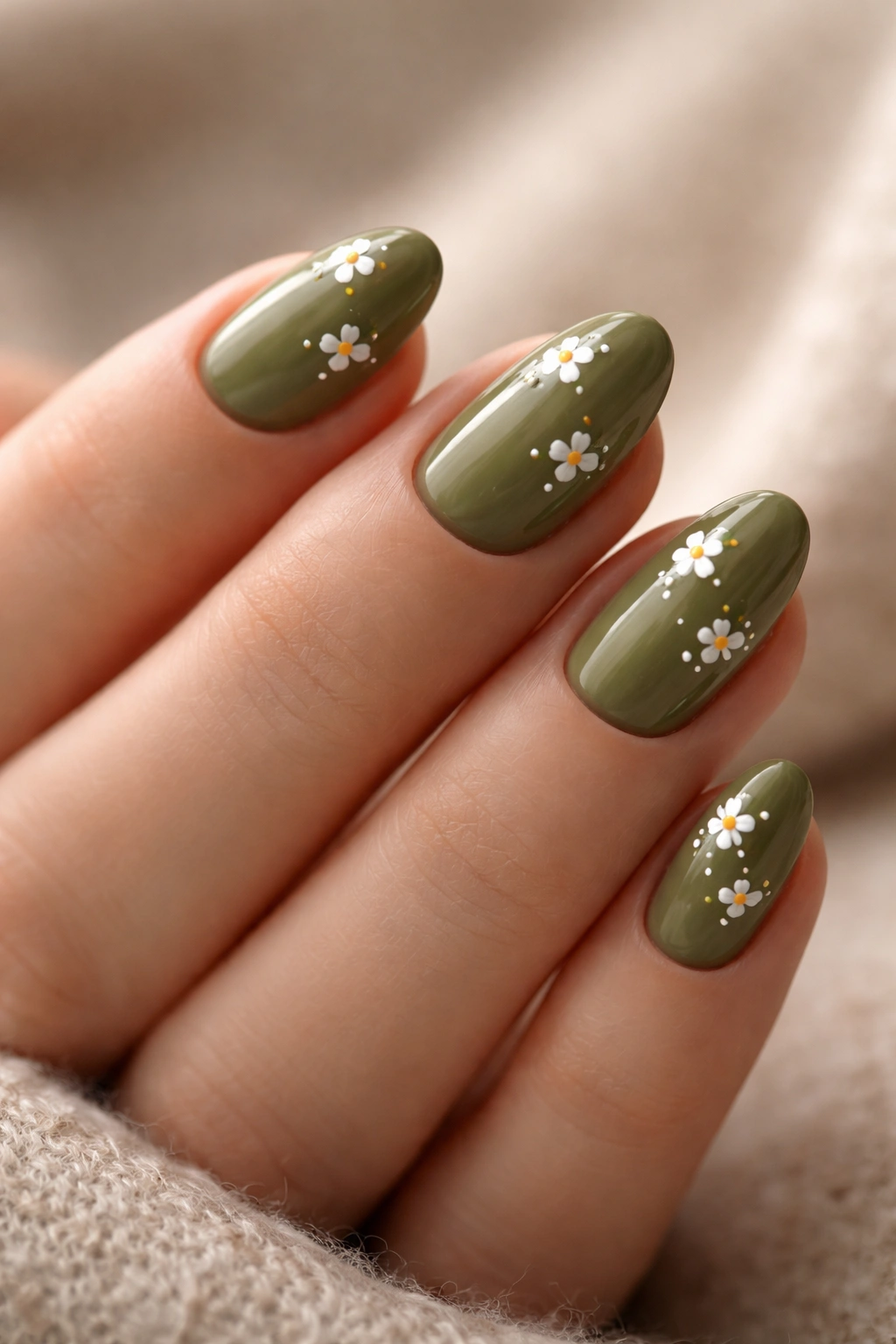 Short almond nails with olive green base and tiny white floral accents