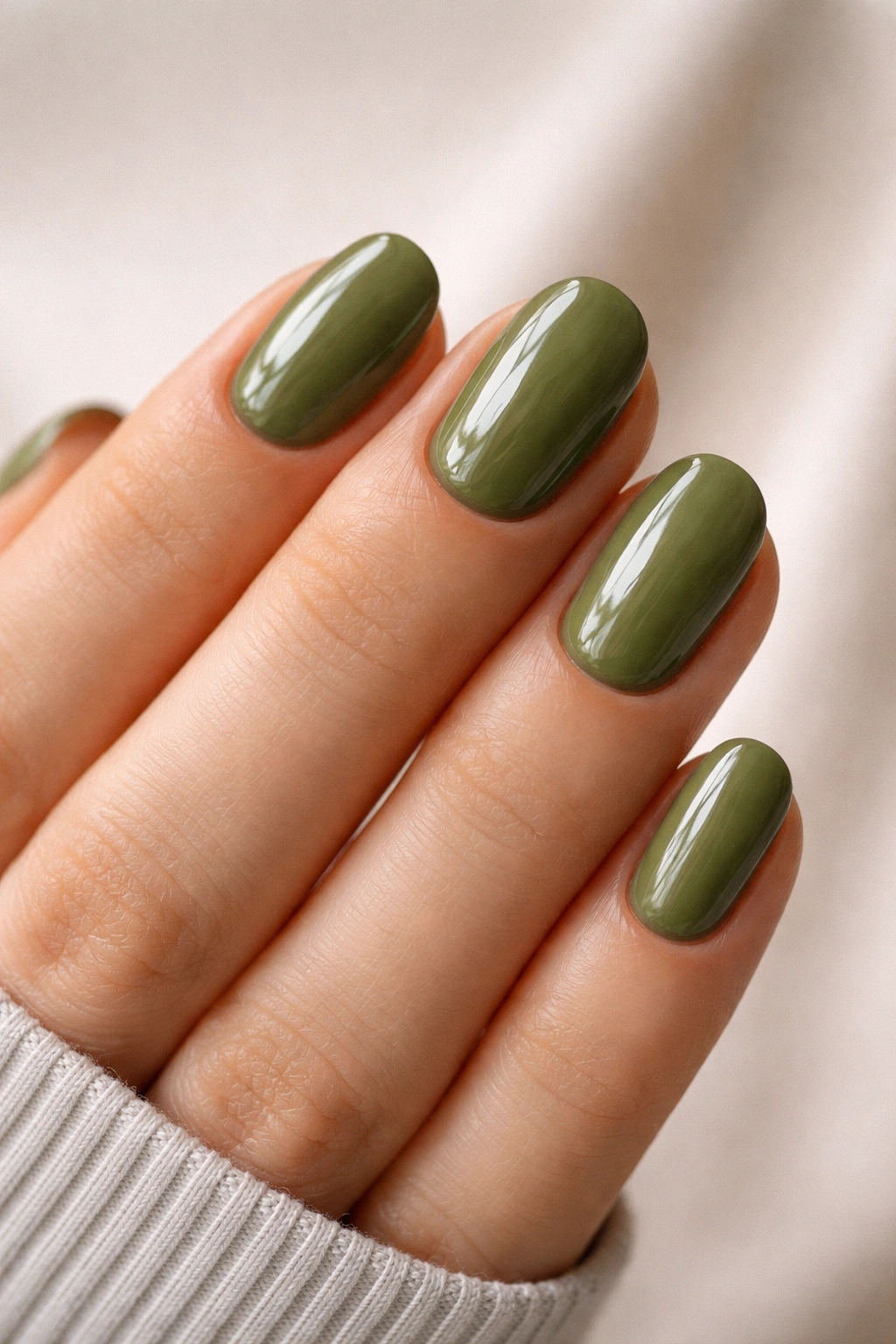Close-up of short oval nails in olive green with a glossy finish.