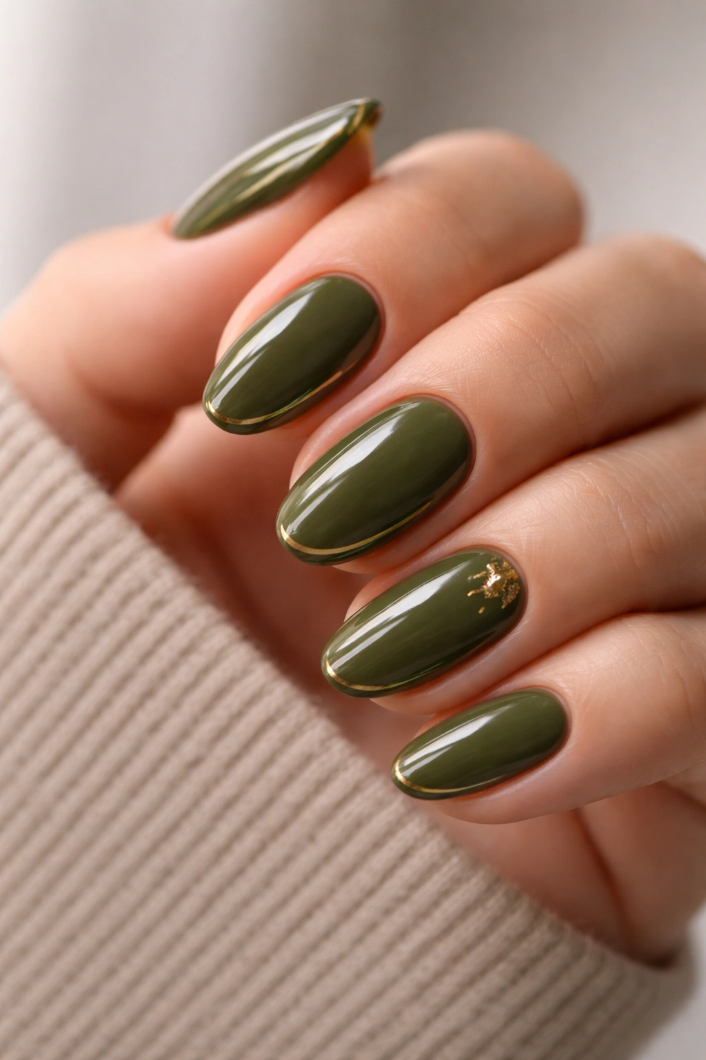 Short almond nails olive green with thin gold accents
