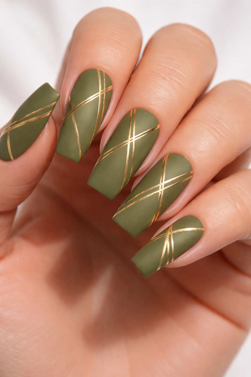 Matte olive green nails with gold geometric patterns and negative space.
