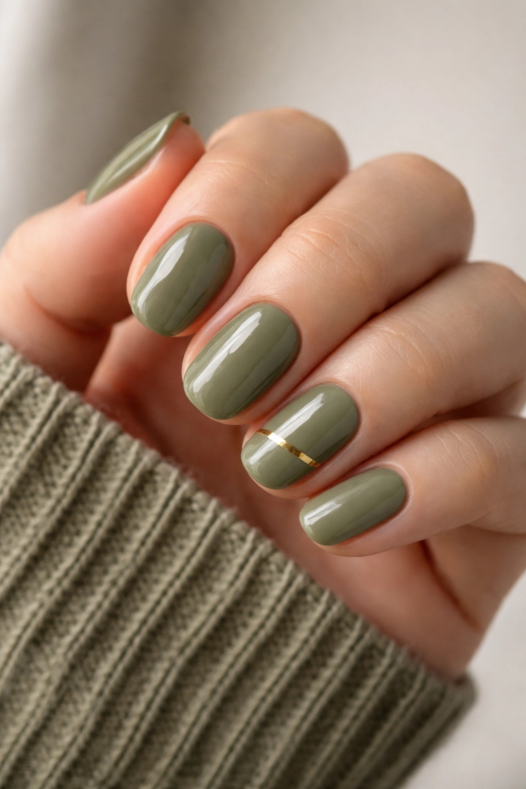 Short oval nails in muted olive green with a glossy finish and a gold stripe.