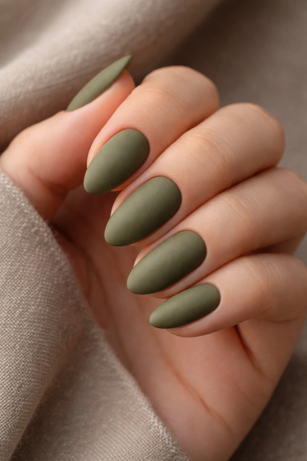 Close-up of short almond olive green nails with a matte velvet finish.