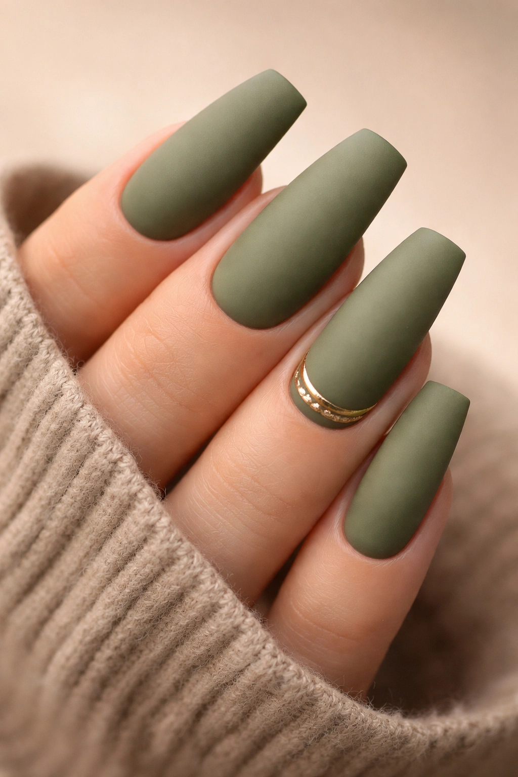 Close-up of olive green matte acrylic nails on a hand with a soft beige background