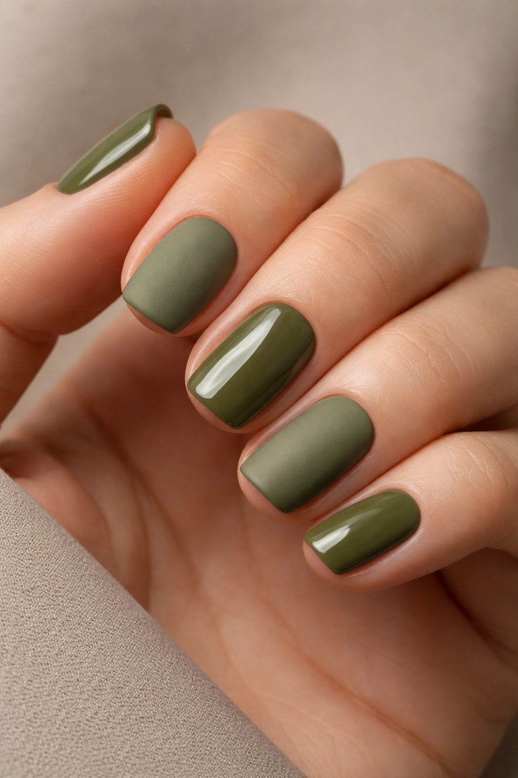 Close-up of short squoval nails in olive green with matte and glossy finishes