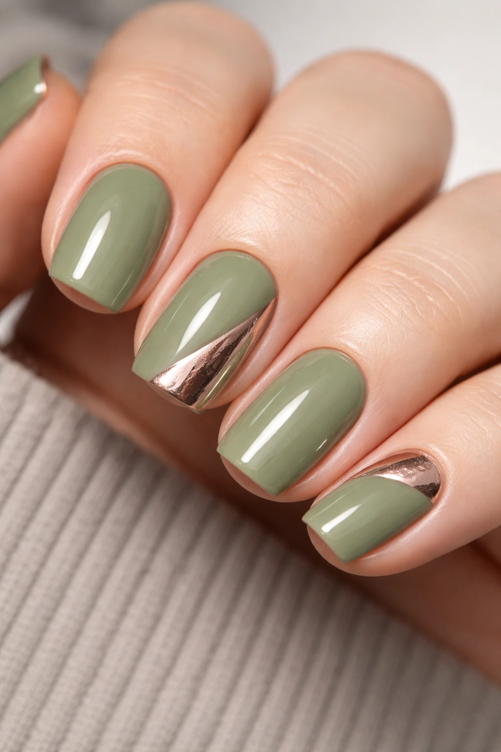 Close-up of olive green nails with rose gold chrome accents on short squoval nails